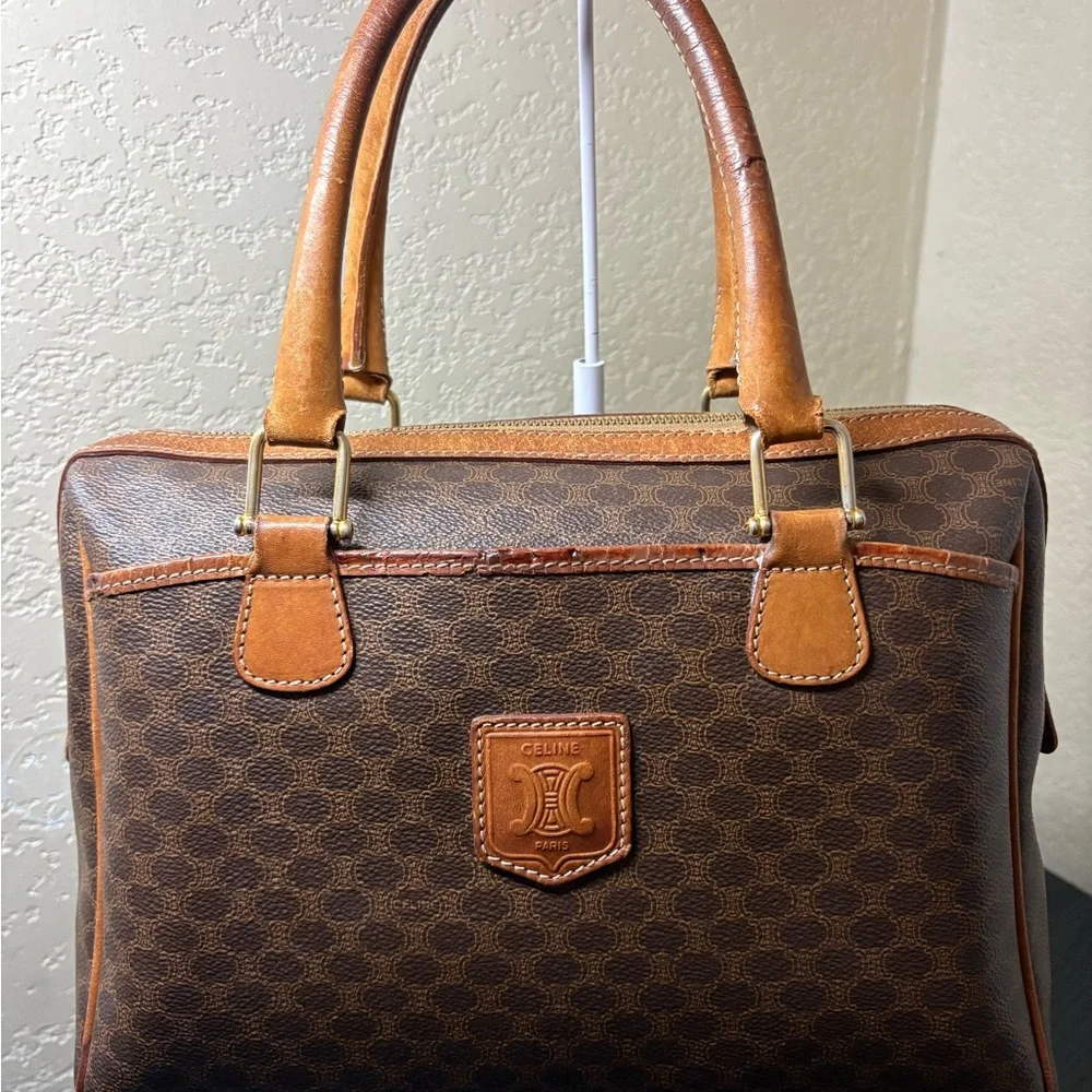 👜 Celine Vintage Macadam Boston Bag – Brown PVC & Leather – Clean Interior - Picture 1 of 4